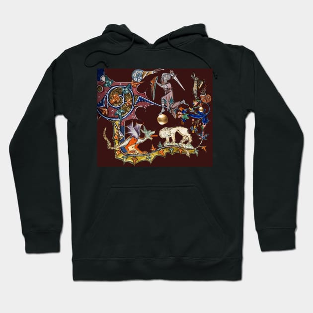 WEIRD BESTIARY,MEDIEVAL KNIGHT FIGHTING SNAIL,DRAGON AND LION IN RED BROWN Hoodie by BulganLumini